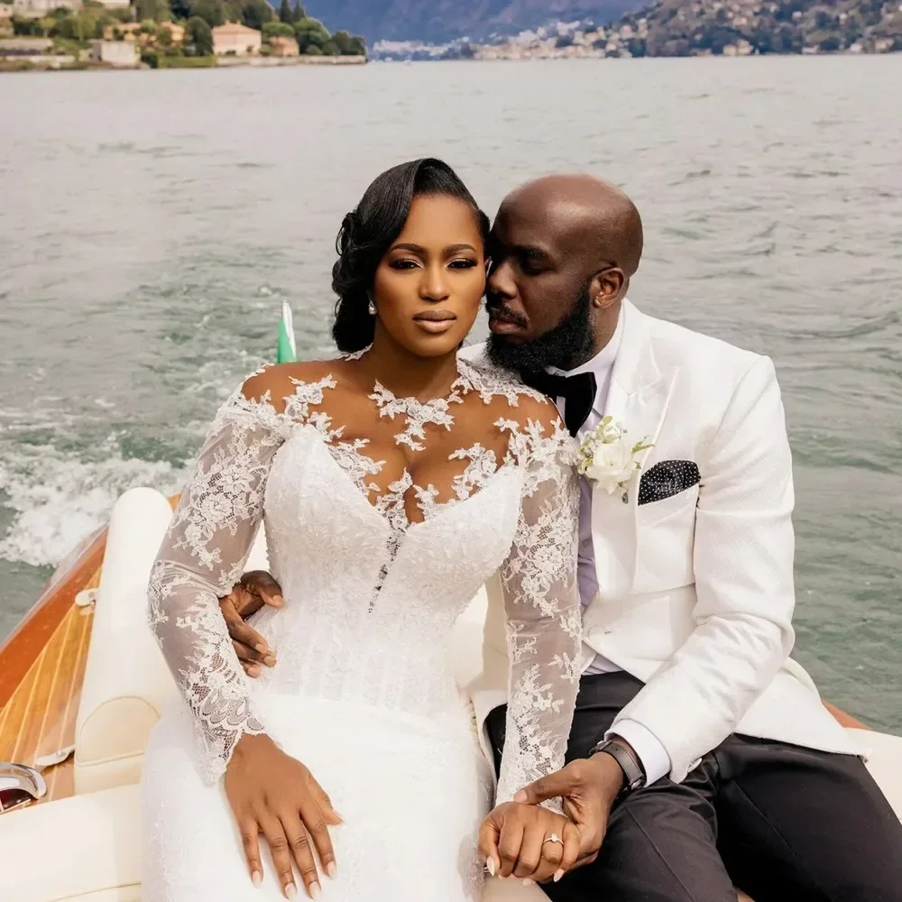 Customized  Illusion High Collar  Lace Appliques Wedding Dress For Bride African Mermaid Beach Bridal Gown with Removable Skirt
