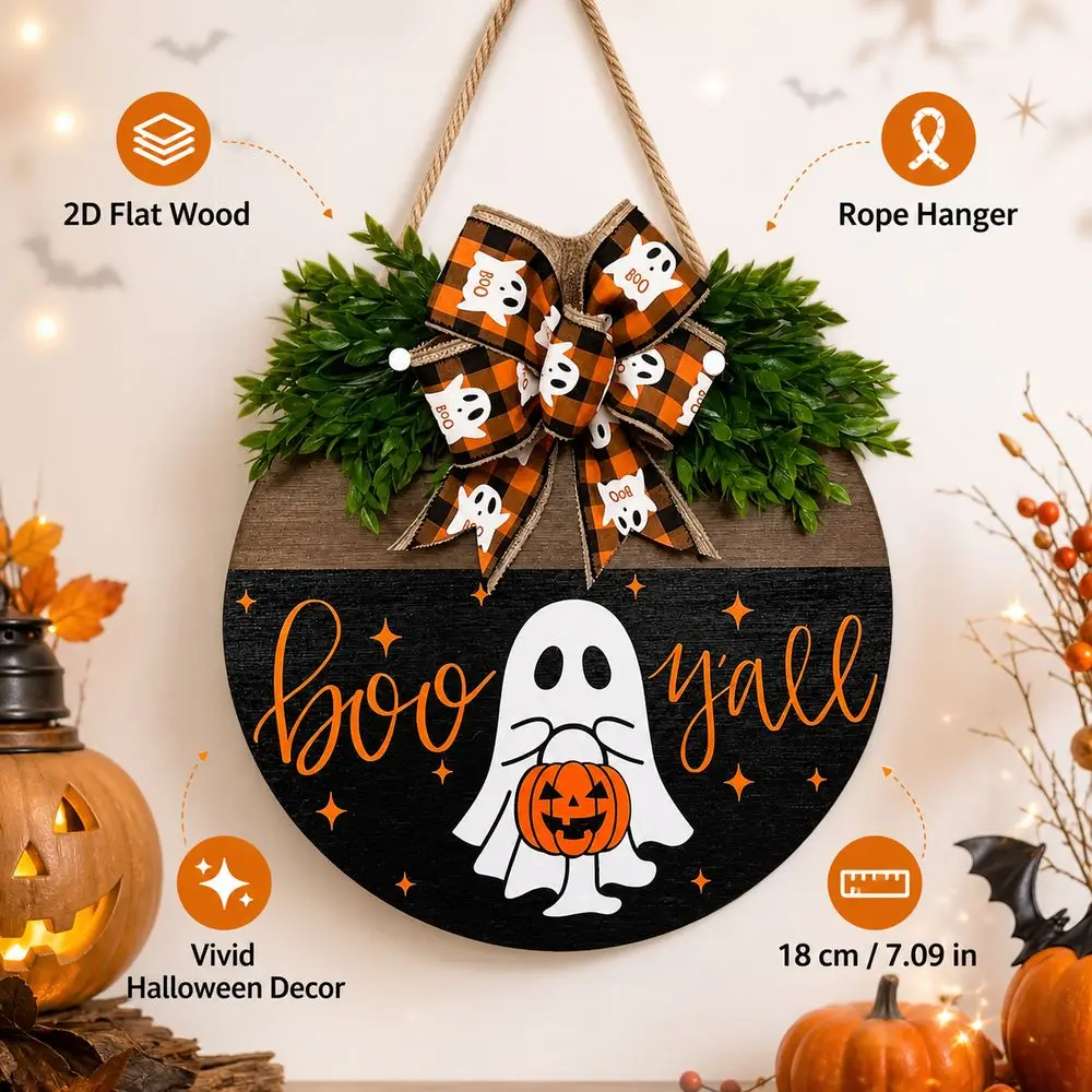 Ghost Wooden Hanging Door Sign 2D Flat Hanging Door Sign Wreath Welcome Theme Round Welcome Door Hanger
