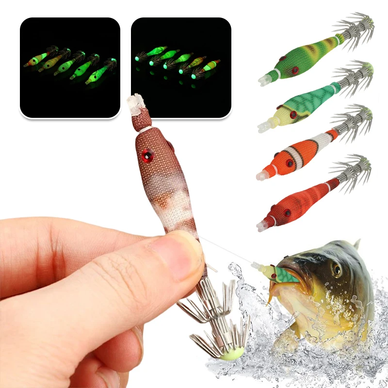 4/5/7Pcs Luminous Shrimp Fishing Bait Fluorescent Fishing Lures Luminous Squid Jig Hooks Fishing Accessories Tackles Equipment