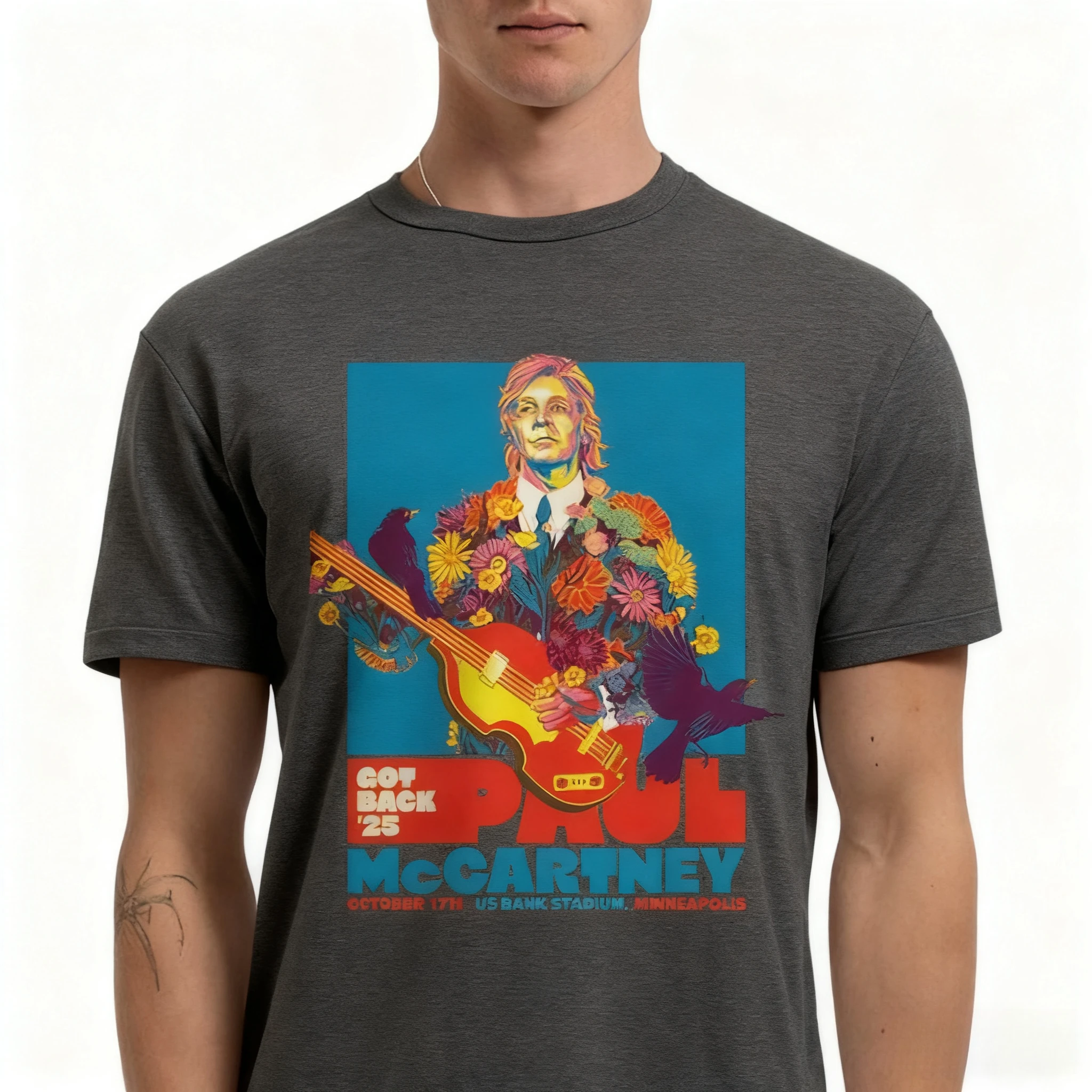 بول مكارتني مينيابوليس 2025 الحفل تي شيرت مخدر الأزهار الطيور الجرافيك عادية المحملة لمحبي موسيقى الروك الملابس العصرية
