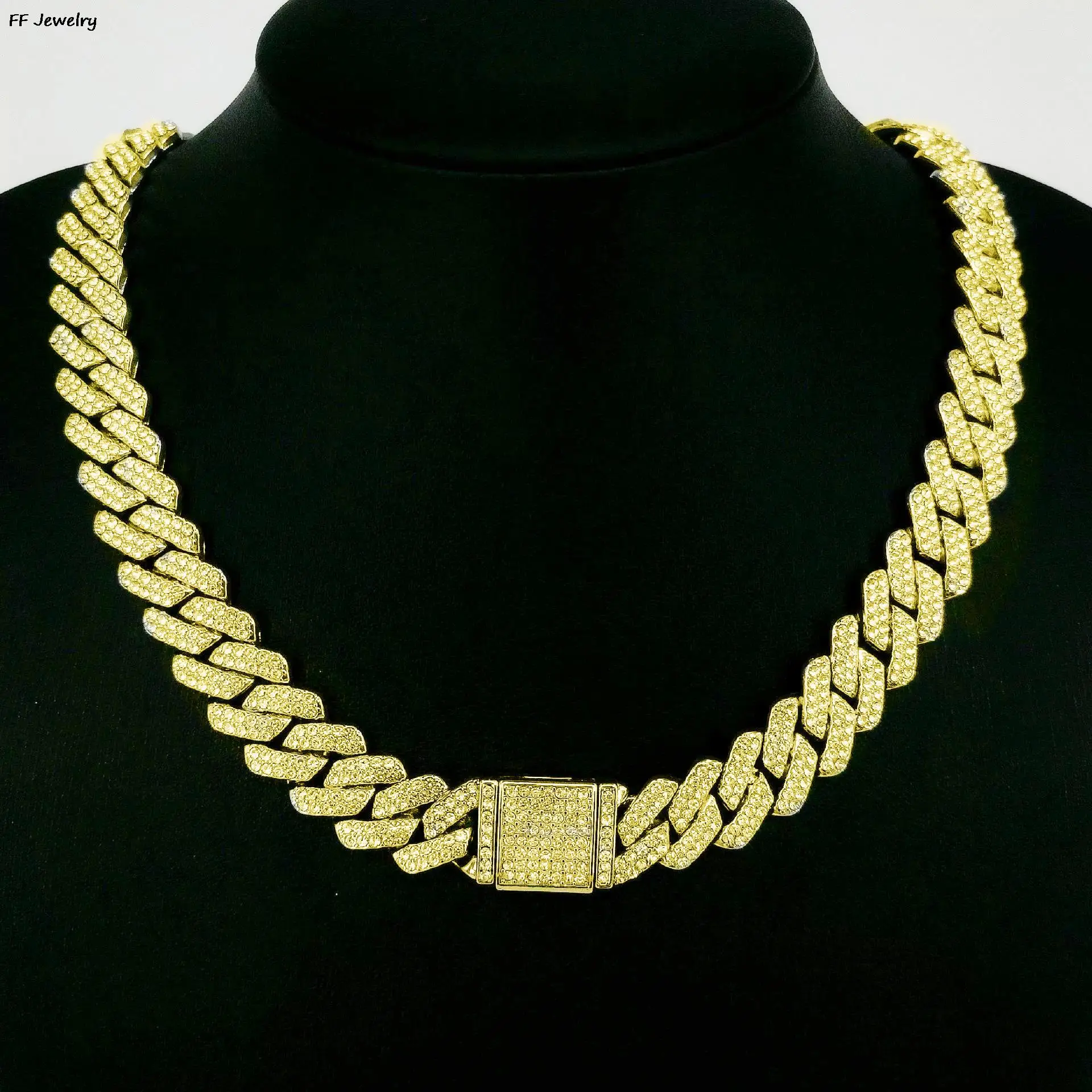 14mm Cuban Link Chain For Men Silvery/Golden Iced Out Rhinestone Miami Necklace Choker for Women with Box Clasp Hip Hop A+++