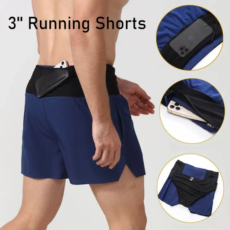 

2 in 1 Marathon Trail Running Compression 3'' Shorts Quick Dry Long Distance Training Tights Sports Men Summer With Waist bag