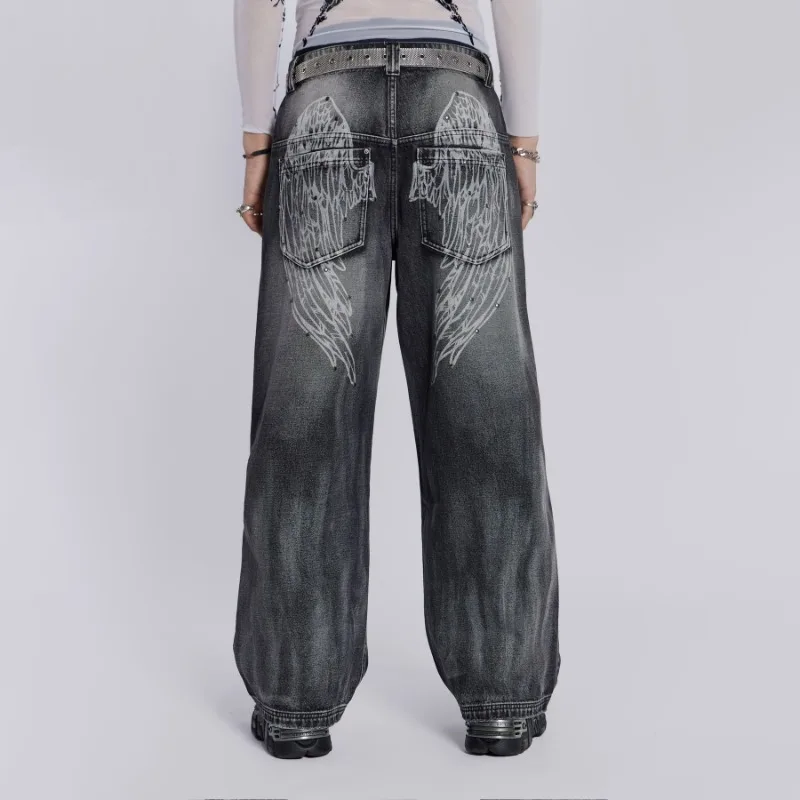 

Y2k Street Trendy Wings Pattern Baggy Jeans Men Women Washed Vintage Rivet Wide-leg Denim High Street Gothic Couple Casual Pants