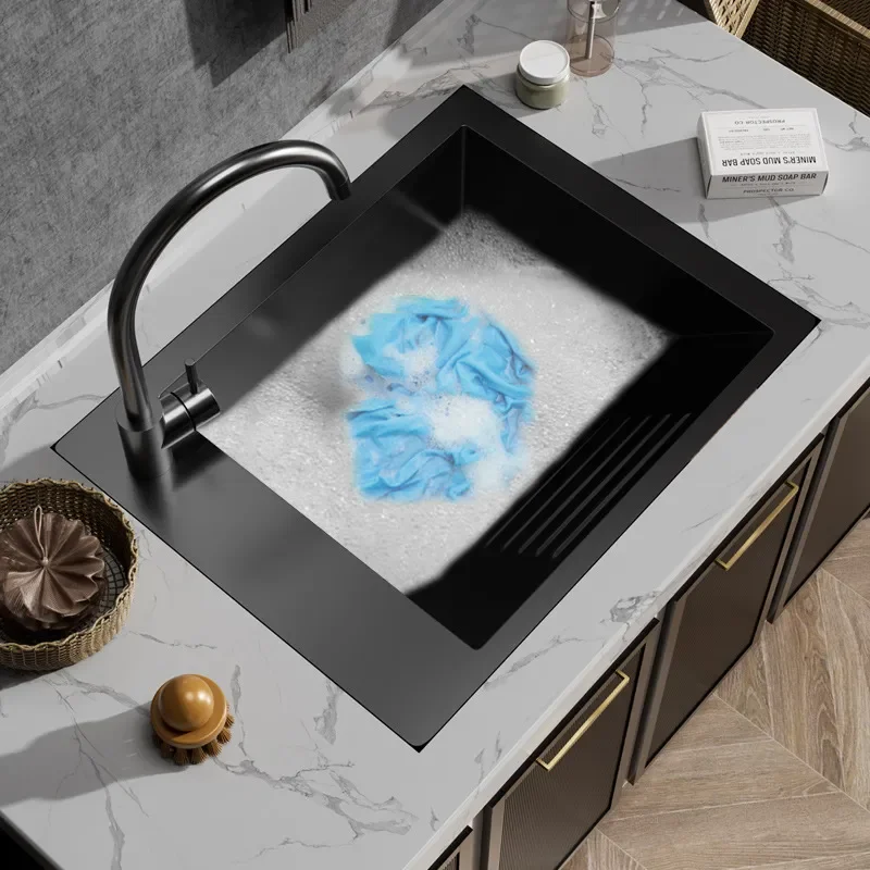 Black stainless steel balcony laundry sink with rubbing plate manual laundry basin outdoor wash basin single slot