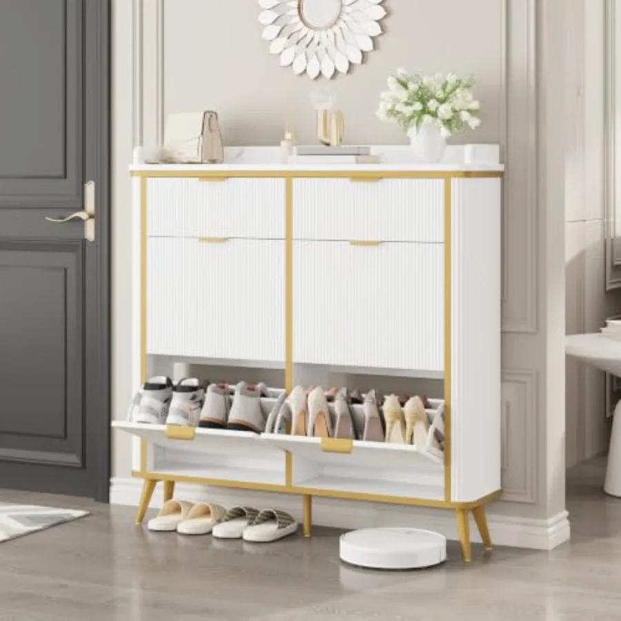 Fluted Shoe Storage Cabinet for Entryway, Hallway, Foyer with Wood Construction, White Color, 4 Flip Drawers + 2 Drawers Adjust