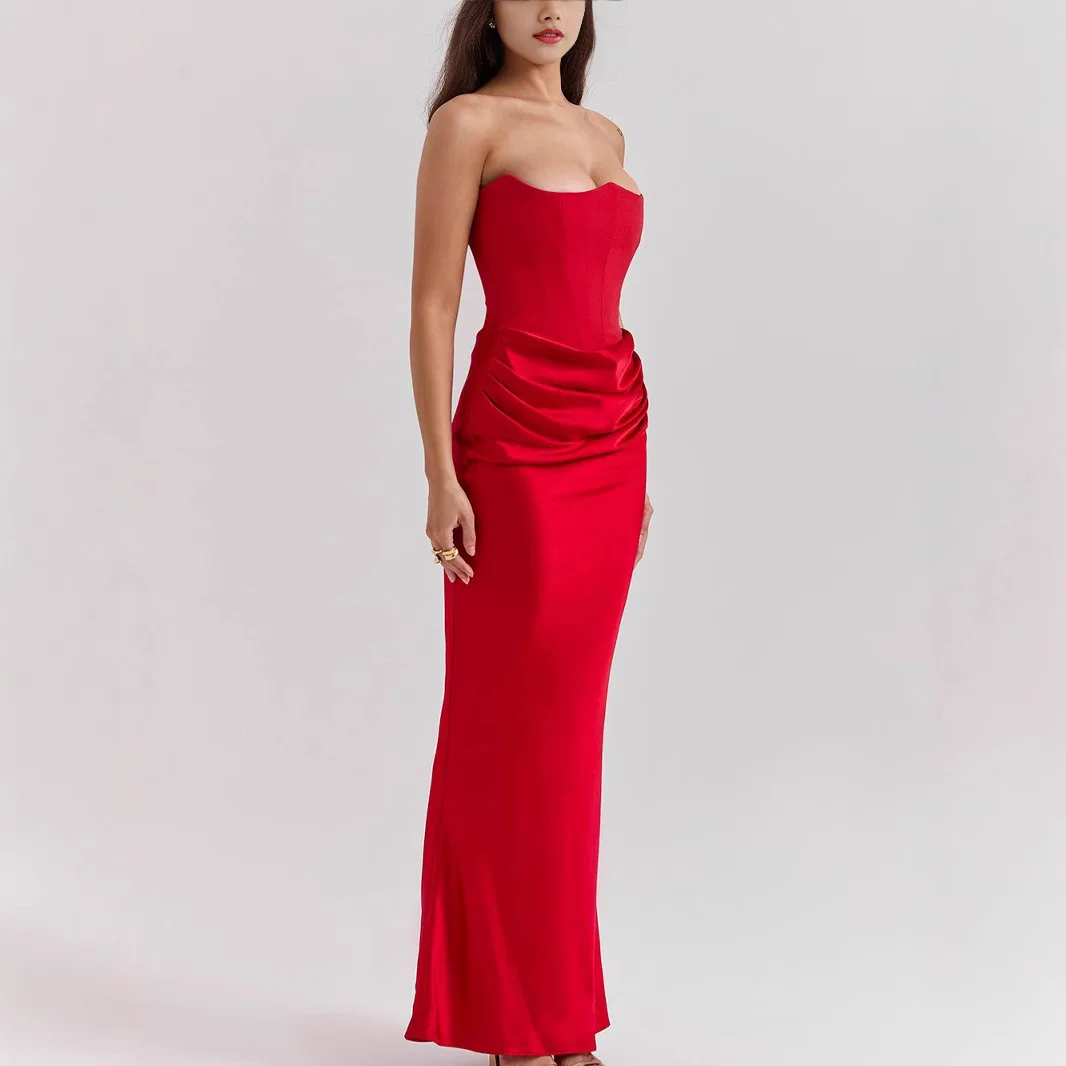 Satin Sexy Strapless Women Maxi Dress Black Sleeveless High Waist Dress Female Summer Skinny Elegant Party Clubwear 2025 Vestido