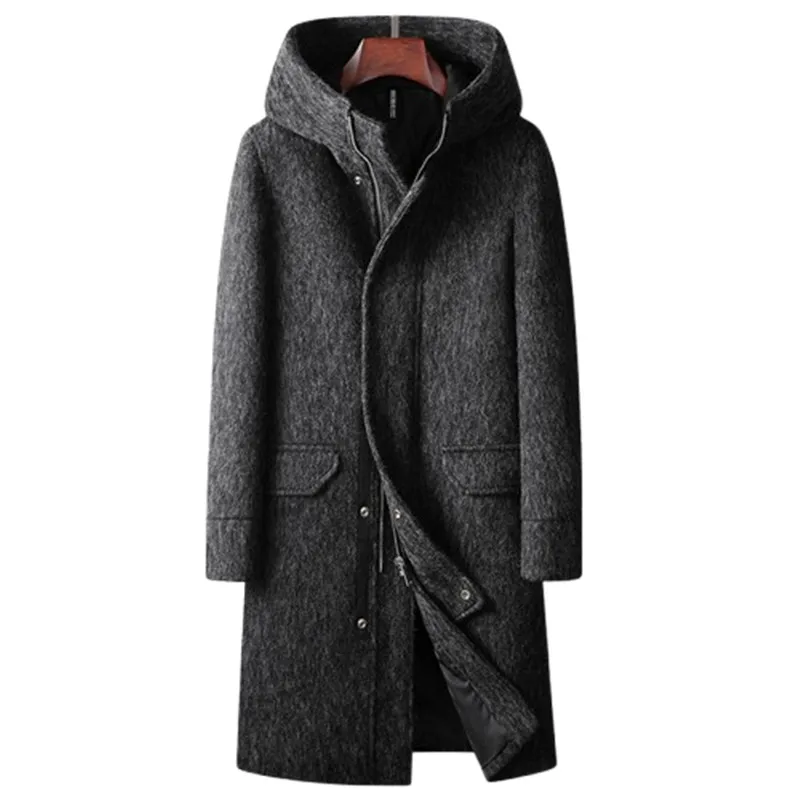 

High Quality Woolen Coats Men Autumn Winter Long Hooded Wool Trench Coats Male Thick Warm Solid Business Casual Outwear Coat Man