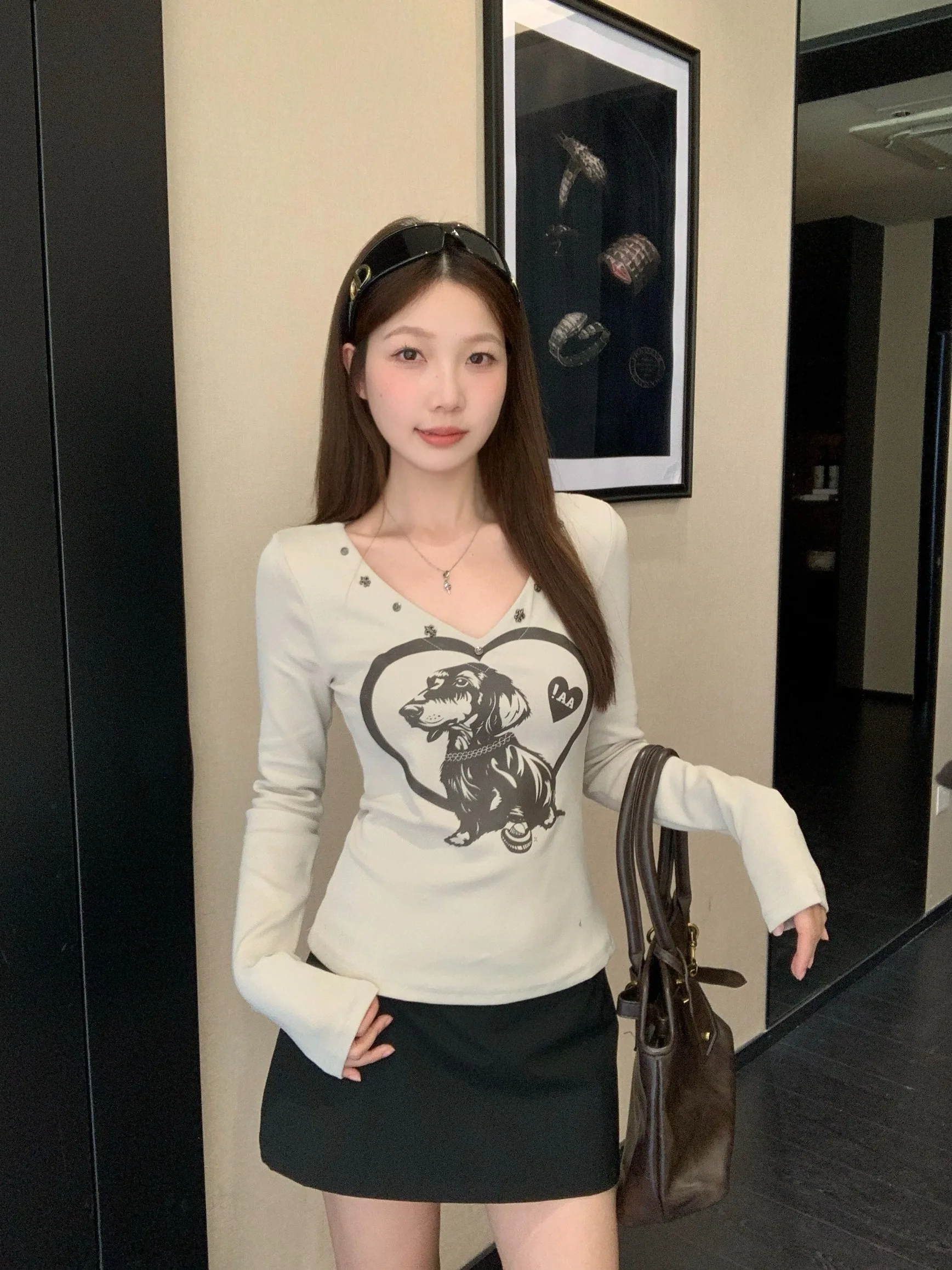 

plus Size American Retro Print Long Sleeve T-Shirt Women's Autumn Winter Slimming Sexy Base Layer Top Commute Style Korean Ve...
