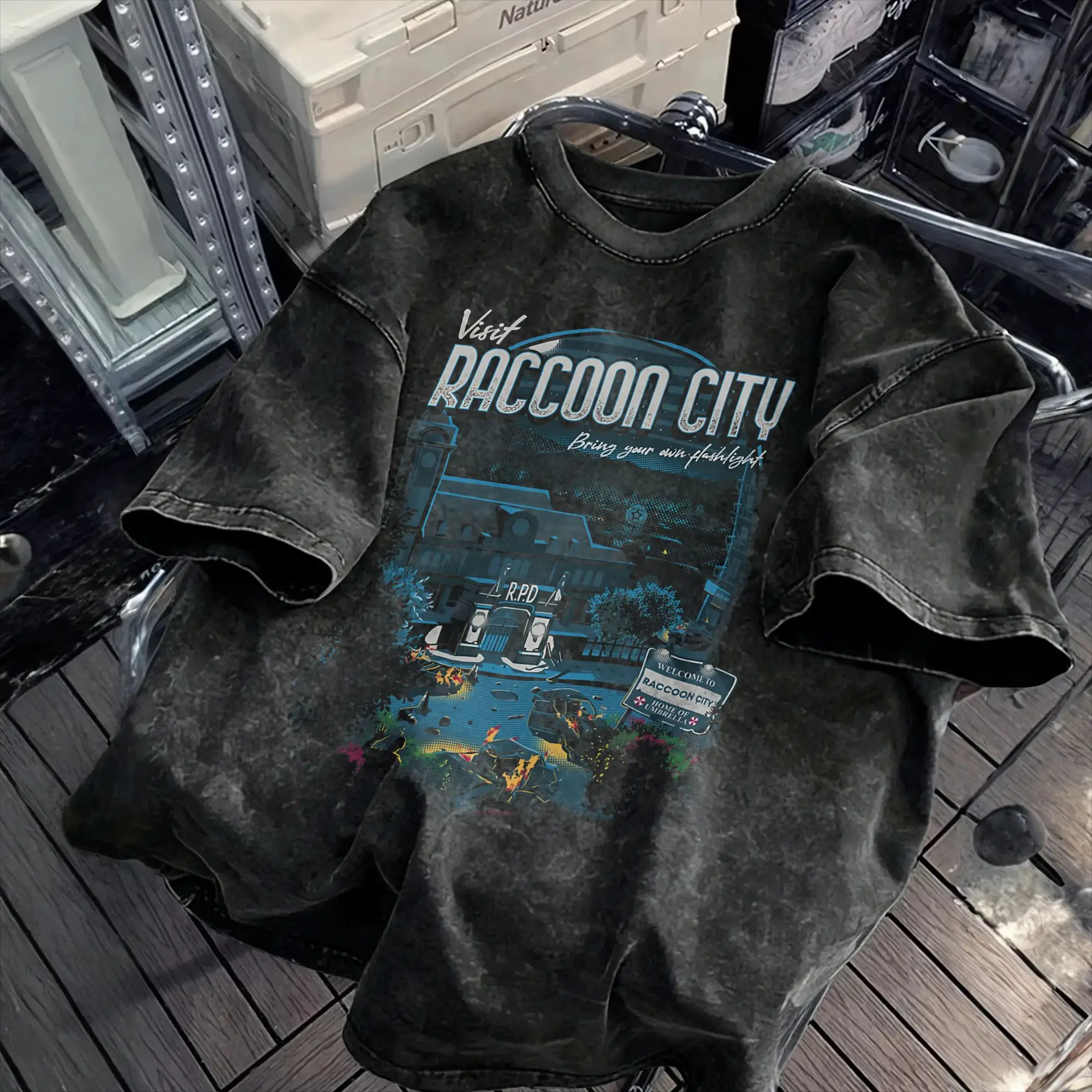 Humorous Visit Raccoon City T-Shirts for Men Round Neck 100% Cotton Washed T Shirts  Short Sleeve Tees Gift Idea Clothes