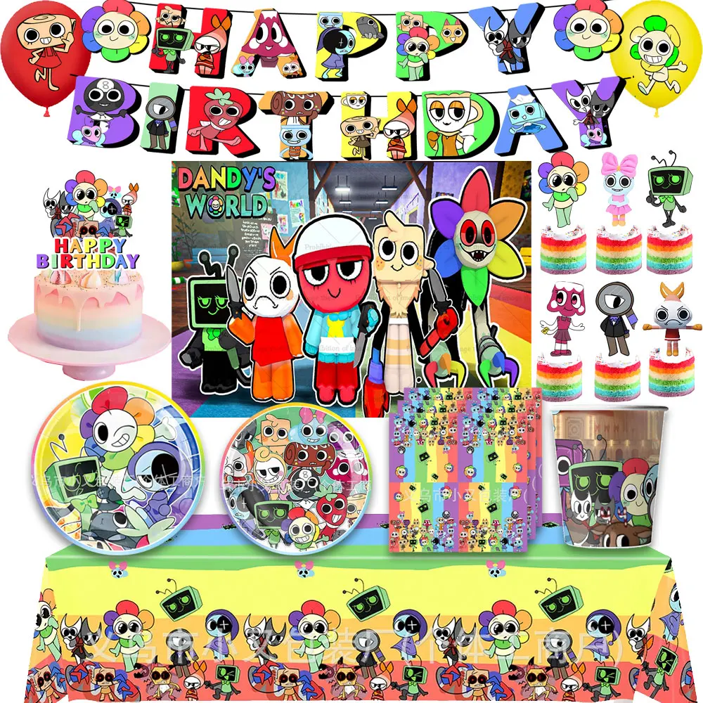 

DANDY's World Theme Birthday Disposable Tableware Plate Banner Backdrop Cups Napkins Party Decor Balloon Cake Topper Gifts Props