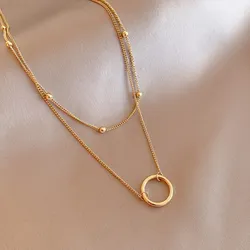 INS Exquisite 304 Stainless Steel Cross Layered Necklace Gold Plated Women Simplicity Ring Pendant Neck Jewelry Decoration