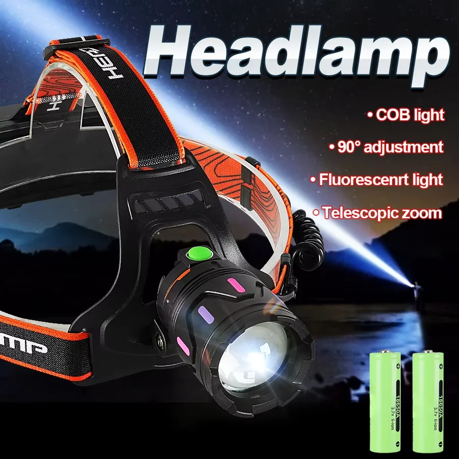 

High Power 500W LED Headlamp COB Super Bright Headlight Flashlight Zoomable Lamp Rechargeable Outdoor Hunting Fishing Lights