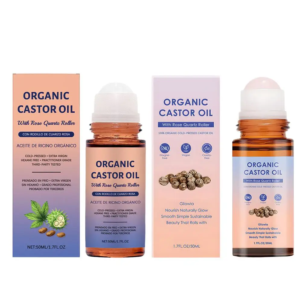 Aceite de Ricino Orgánico Prensado en Frío Roll-On, Aceite Esencial Nutritivo con Infusión de Cuarzo Rosa, Aceite para Masajes Relajante, Reparador e Iluminador