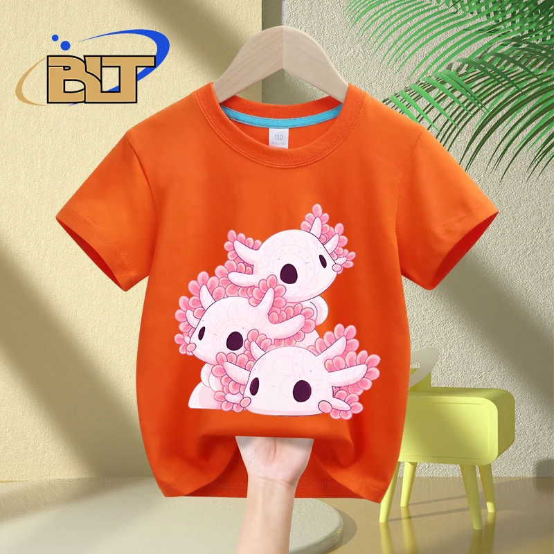 Camiseta con estampado de dibujos animados Axolotl para niños, tops informales de manga corta de algodón para niños y niñas, Verano