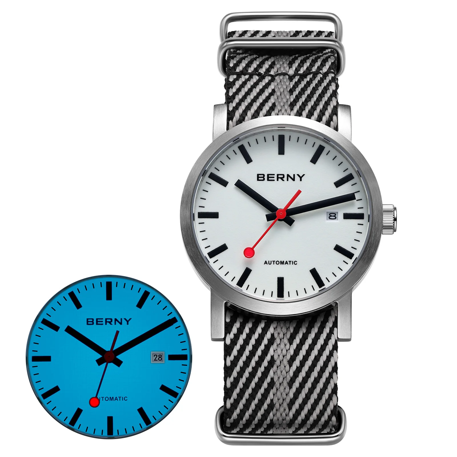 بيرني ساعة أوتوماتيكية للرجال 40 مللي متر مضيئة السكك الحديدية الوقت الهاتفي ميوتا 8215 حزام النايلون الياقوت 50 متر مقاوم للماء ساعة ميكانيكية للرجال