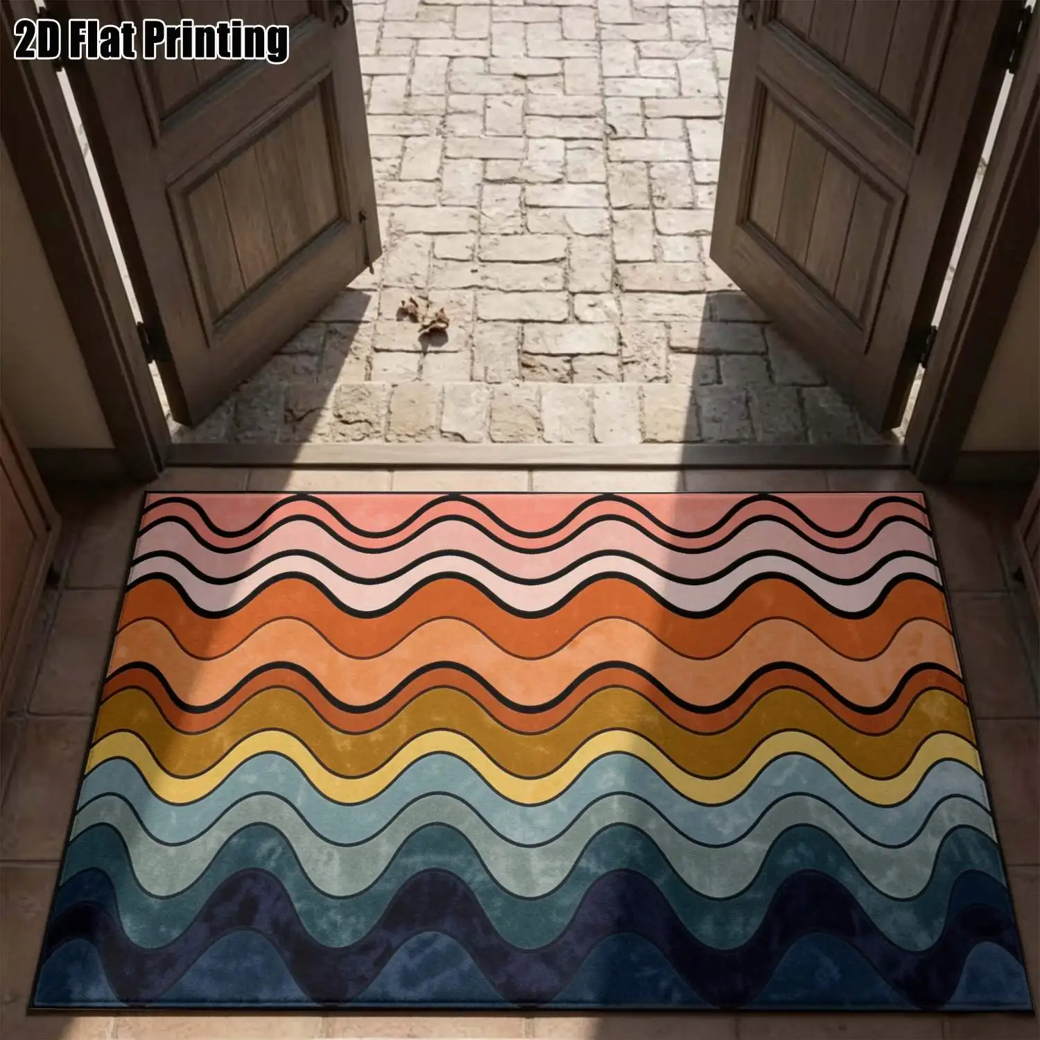1Pc 2D Printed Pop Art Colorful Wave Carpets: Nordic, Instagram-Inspired, Modern Minimalist, Vintage, Geometric Striped Styles Multi-Size, Machine-Washable Home Decor Mats for Entryway, Dining Room, Foyer, Living Room, Bedroom.