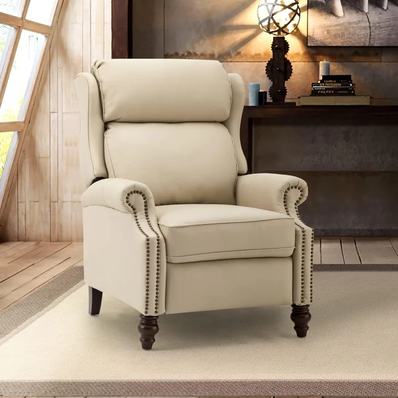 

HOME Genuine Leather Recliner Chair, Traditional Manual Pushback Comfy Seating for Living Room, Thick Cushion & Solid Woo
