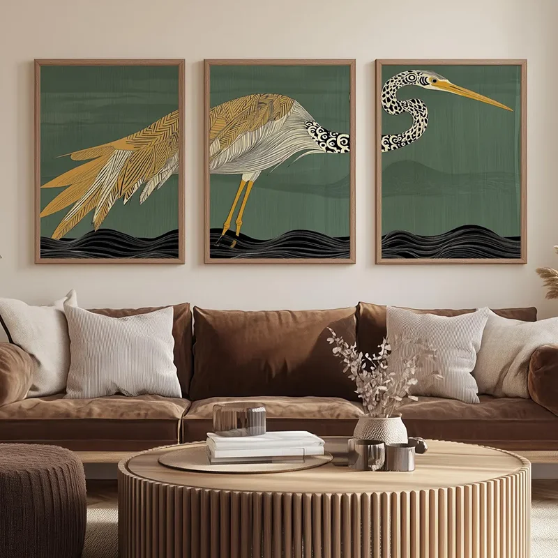 3PCS Retro Heron on Green Set of Wall Art Mid Modern House Decor Japanese Poster Bird Lover Art Canvas Paintings For Room Decor