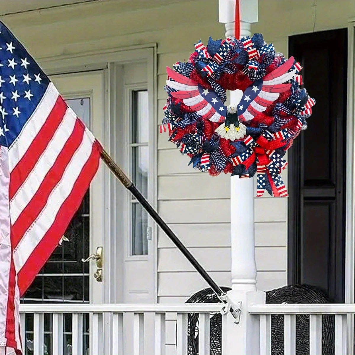 

American Flag Bald Eagle Wreath, 4Th July Memorial Day Wreath for Front Door, Handcrafted America Flag Farmhouse Wreath