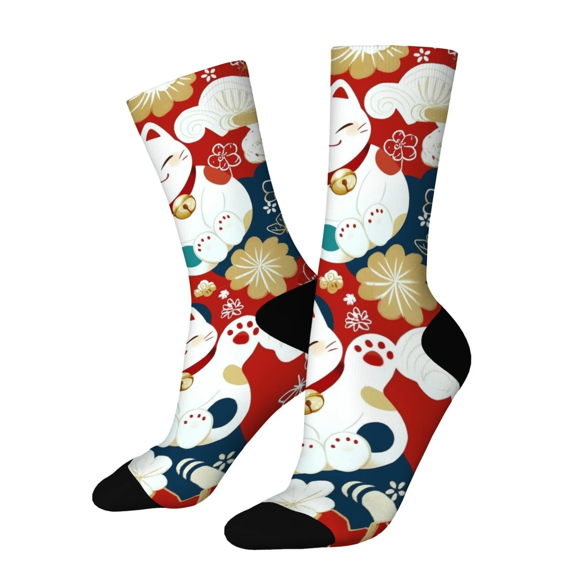 Calcetines unisex Good Luck Charm con estampado completo Maneki Neko con monedas de oro Calcetines suaves y elásticos de media caña para buscadores de la fortuna