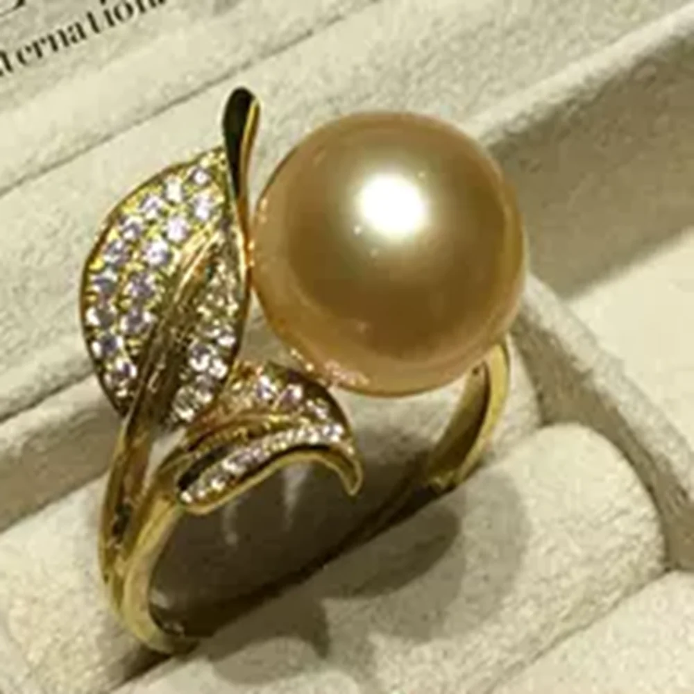 Beautiful AAA10-11mm 11-12mm Golden Round South Sea Pearl Open Adjustable Ring 925S