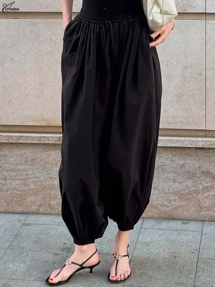 

Oymimi Fashion Black Nylon Women's Pants Elegant New High Waisted Drawstring Trousers Casual Loose Pockets Ankle-Length Pants