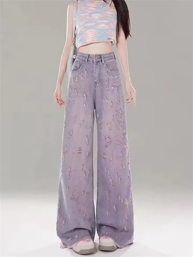 Women Spring Summer New Hole Design Sense Floor-Length Pink Purple Long Trousers Fashion High Waist Wide Leg Denim Jeans Ladies