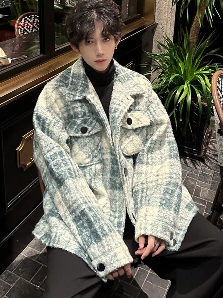 

Autumn Winter Men's Plaid Jaet Thi Casual Sle Hong Kong Faion Trendy Leisure Outerwear Classic Collar Long Sve