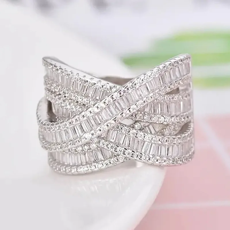 New Geometric Design Trendy Cubic Zirconia Ring Women's Multi Layer Cross Line Engagement Fashion Jewelry  Accessories