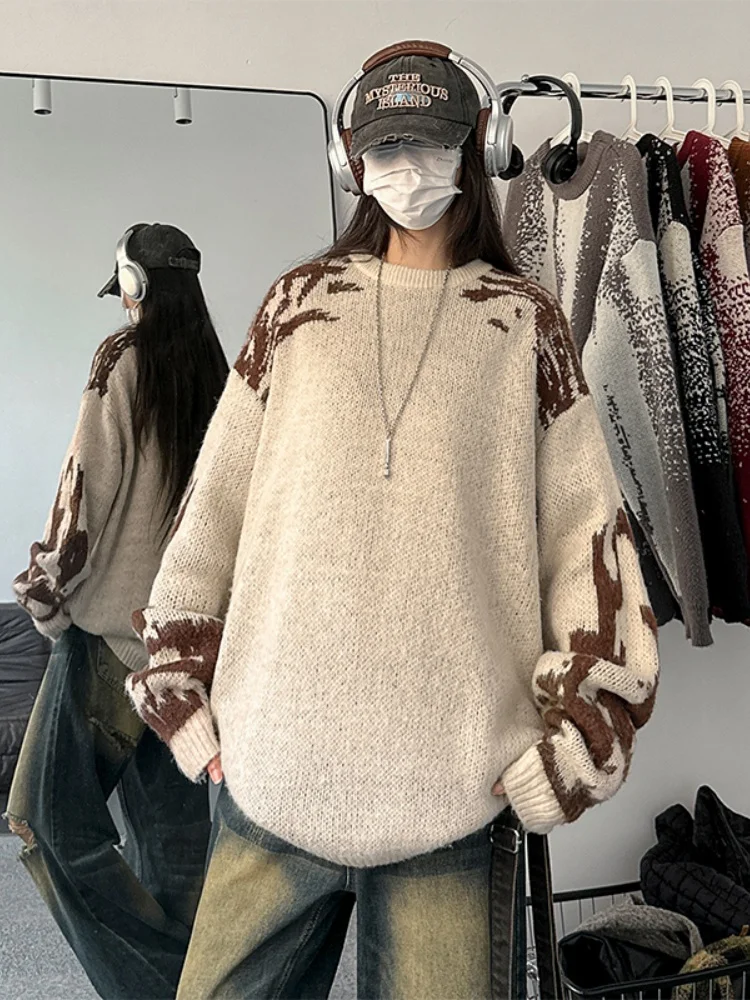 

Couples Knitted Sweater Autumn Winter Loose Fit round Ne Print Inner Wear Contrast Color Street Sle Comfortable Casual Wear