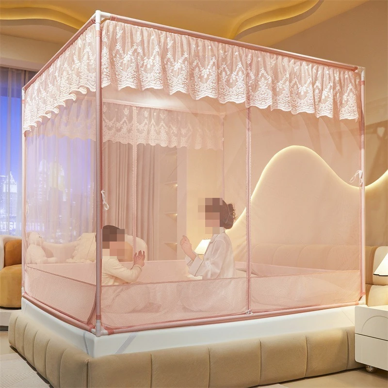Square Mosquito Net with Lace Canopy, 3-Door Zipper Design for 1.5m/1.8m Beds, Anti-Fall Protection with Thickened Steel Frame