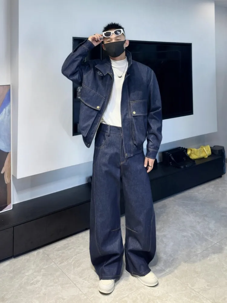 Autumn Mens Vintage Caego Denim Jacket Wide Leg Jeans Two Piece Sets Loose Fit Streetwear Hip Hop Casual Matching Set Outfit