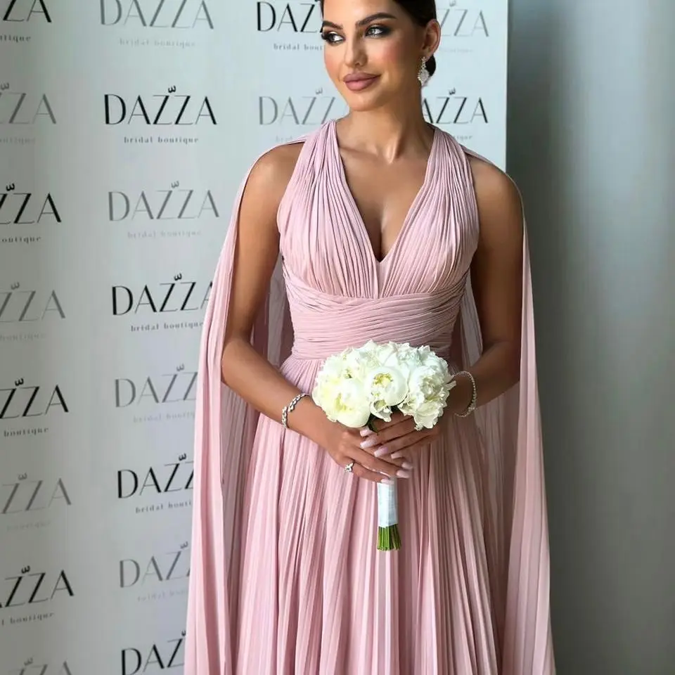 

Pink Halter Floor Length V Neck Prom Dresses gala Ruffle A-Line فساتين السهرة Formal Occasion 2024 Saudi Arabia Women's