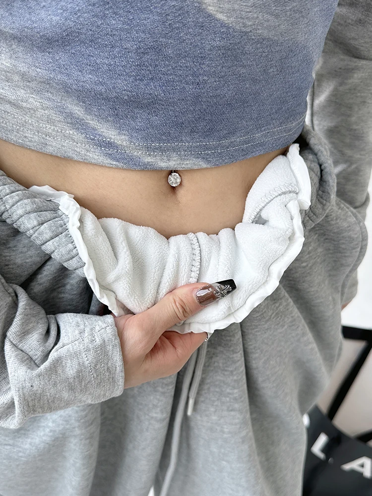 مريحة Dstring فضفاضة المرأة Sweatpants عالية الخصر Fce اصطف السراويل واسعة الساق الخريف الشتاء بناطيل كاجوال