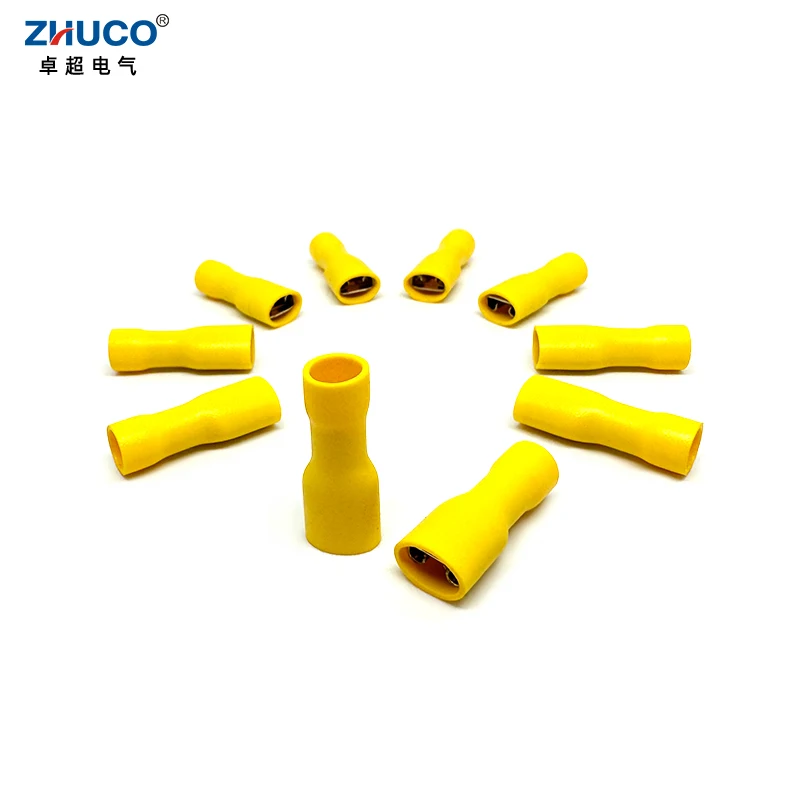 50pcs FDFD5.5-250 6.35mm Electrical Yellow Female Cable Connector Plug Fully Insulated Crimp Terminal For AWG12-10 4-6mm2 Wiring