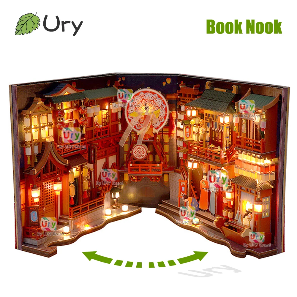 Ury 3D Wooden Puzzle LED Ancient Tang Dynasty Chinese Street View Book Nook Chinatown Luxurious Tavern Retro Shelf Insert Gift