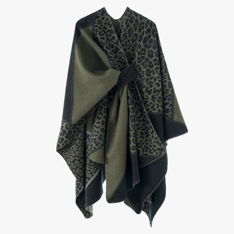 Women Leopard Print Color Block Knotted Poncho Cape Wrap Shawl Faux Cashmere Windproof Outerwear For Autumn Winter