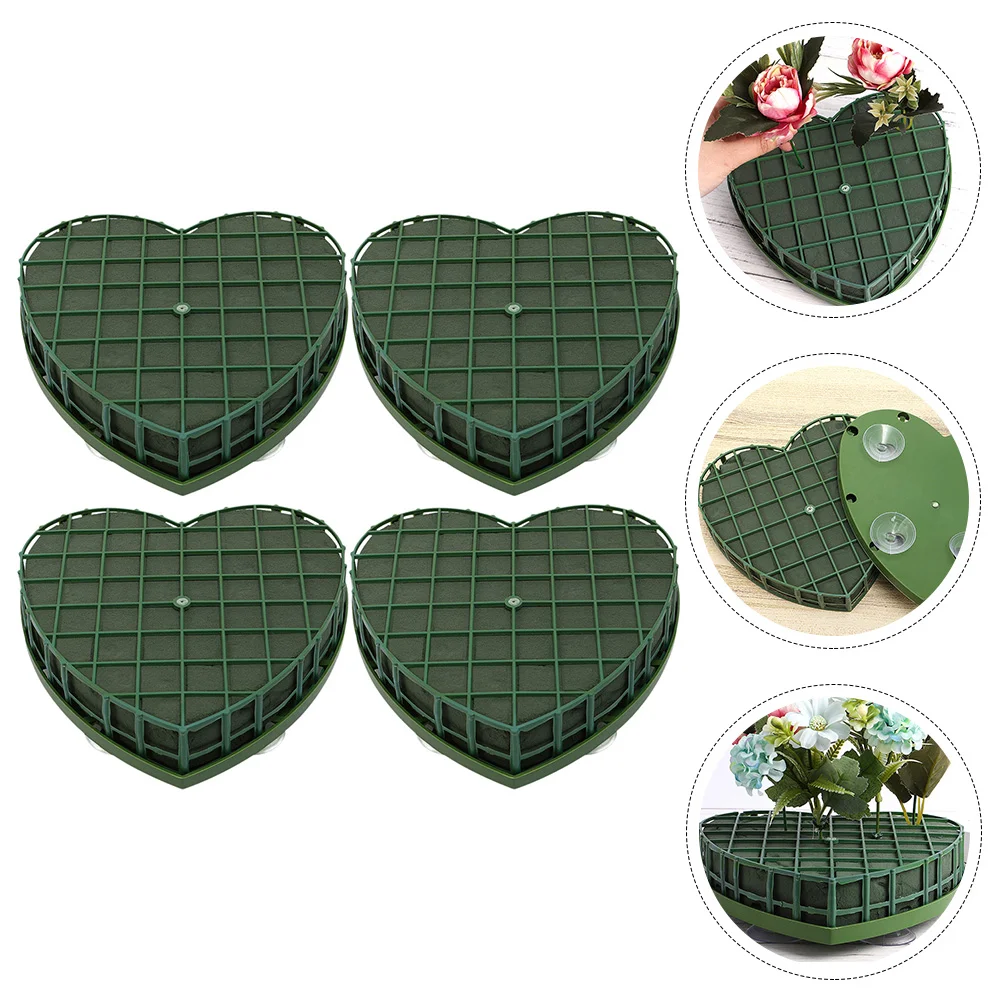 

4 Pcs Heart-Shaped Flower Mud Foam Wedding Car Floral Arrangement Bricks Plastic Green Florist Sponge Tray Arranging Cage