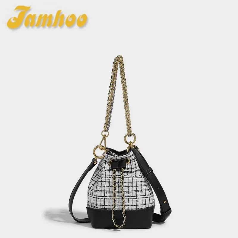 Jamhoo Fashion Vintage Contrast Houndstooth Woolen Cloth Bucket Messenger Bags For Women Drawstring Portable Shoulder Bag Bolos