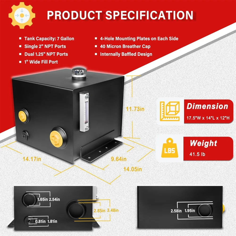 7-Gallon Hydraulic Fluid Reservoir Tank with Built-in Temp Gauge & Sight Gauge, Breather/Strainer Fill Cap, Horizontal-Mount