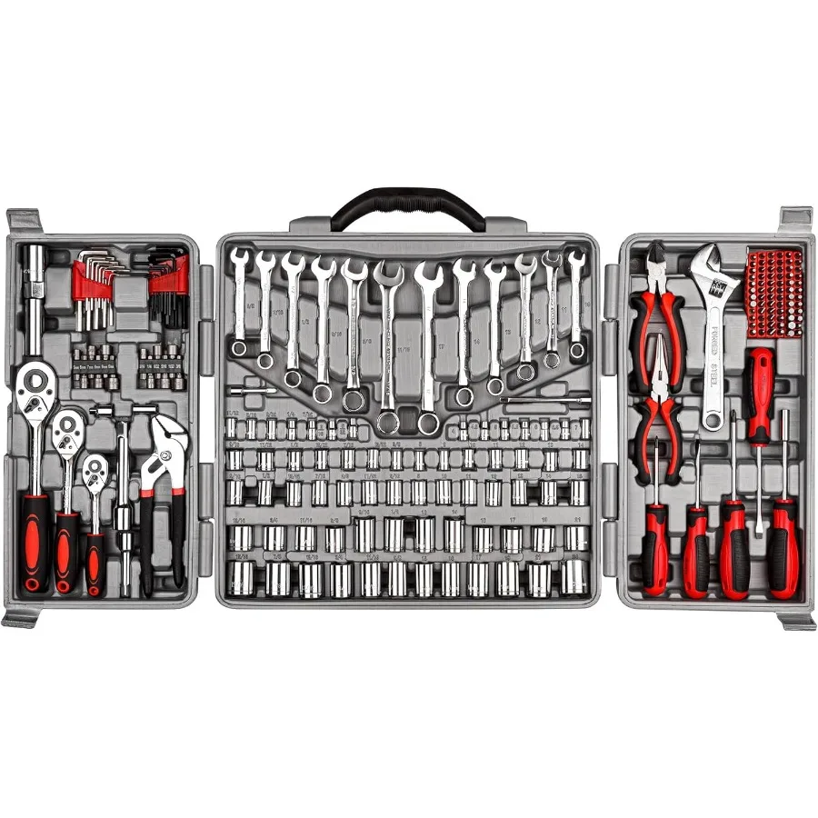 

205 Piece Ratchet Wrench Tool Set 1/4 3/8 1/2 Drive with SAE/Metric Sockets Kit in Plastic Toolbox