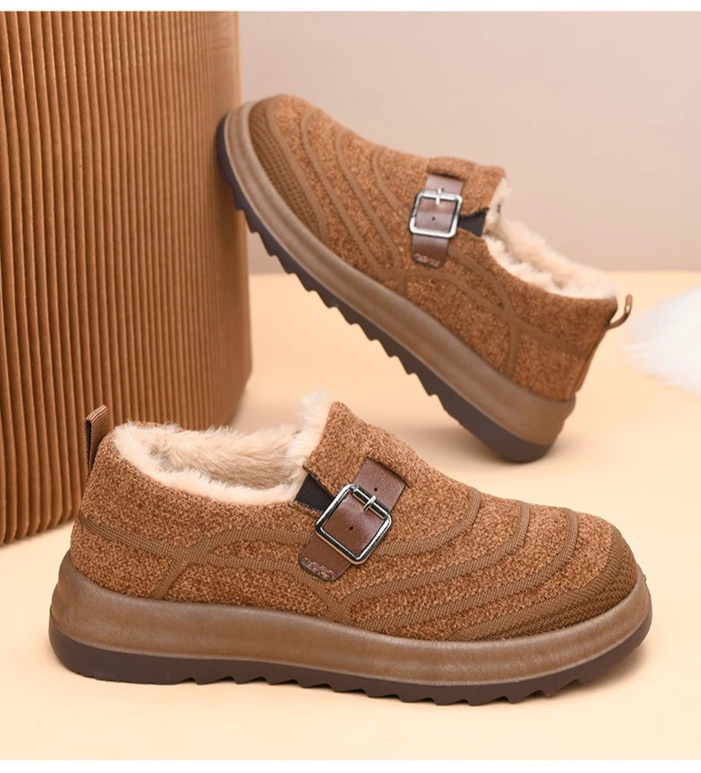 Damen-Winter-Loafer mit Fleecefutter, warme Slipper aus Strickstoff, rutschfeste Freizeitschuhe mit Schnallenriemen und dicker Plattformsohle – Detail 12