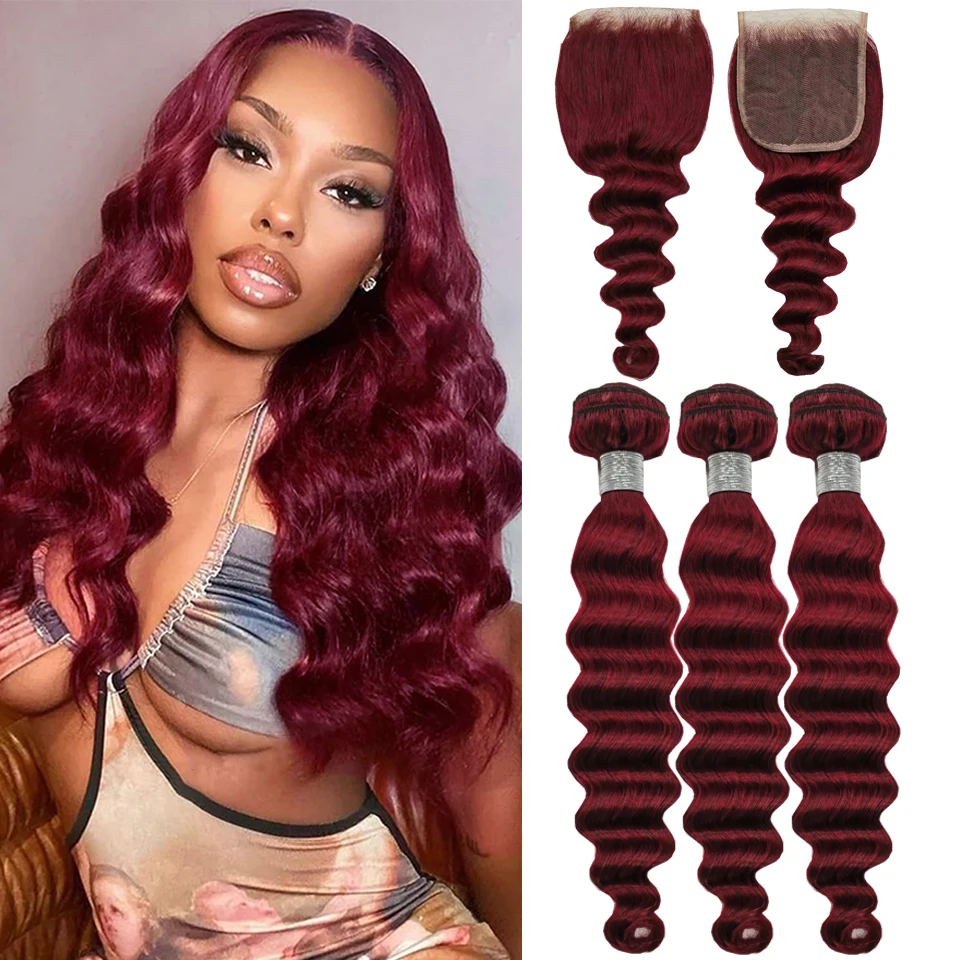 Burgundy Bundles with Closure 99j Loose Deep wave Human Hair with 4x4 lace closure Free Part Virgin Raw Hair Extensions