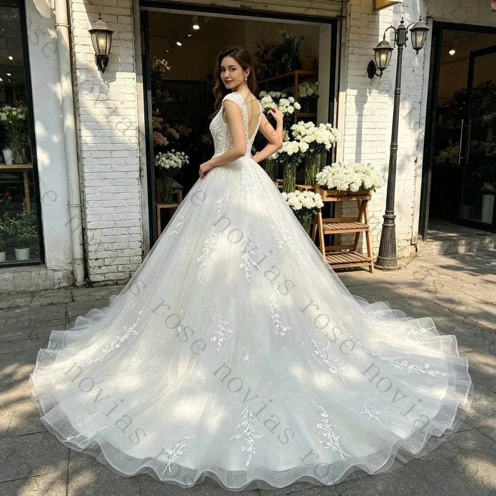 Customized Luxury V-neck Lace Decal Summer Wedding Dresses 2026 White Shiny Chiffon A-line Bridal Gown Suitable for Banquets