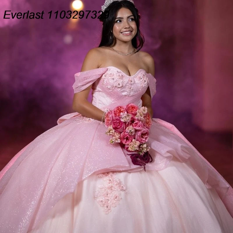 EVLAST Mexican Glitter Pink Quinceanera Dress Ball Gown Lace Applique perline con fiocco Sweet 16 Vestidos De XV 15 Anos TQD727