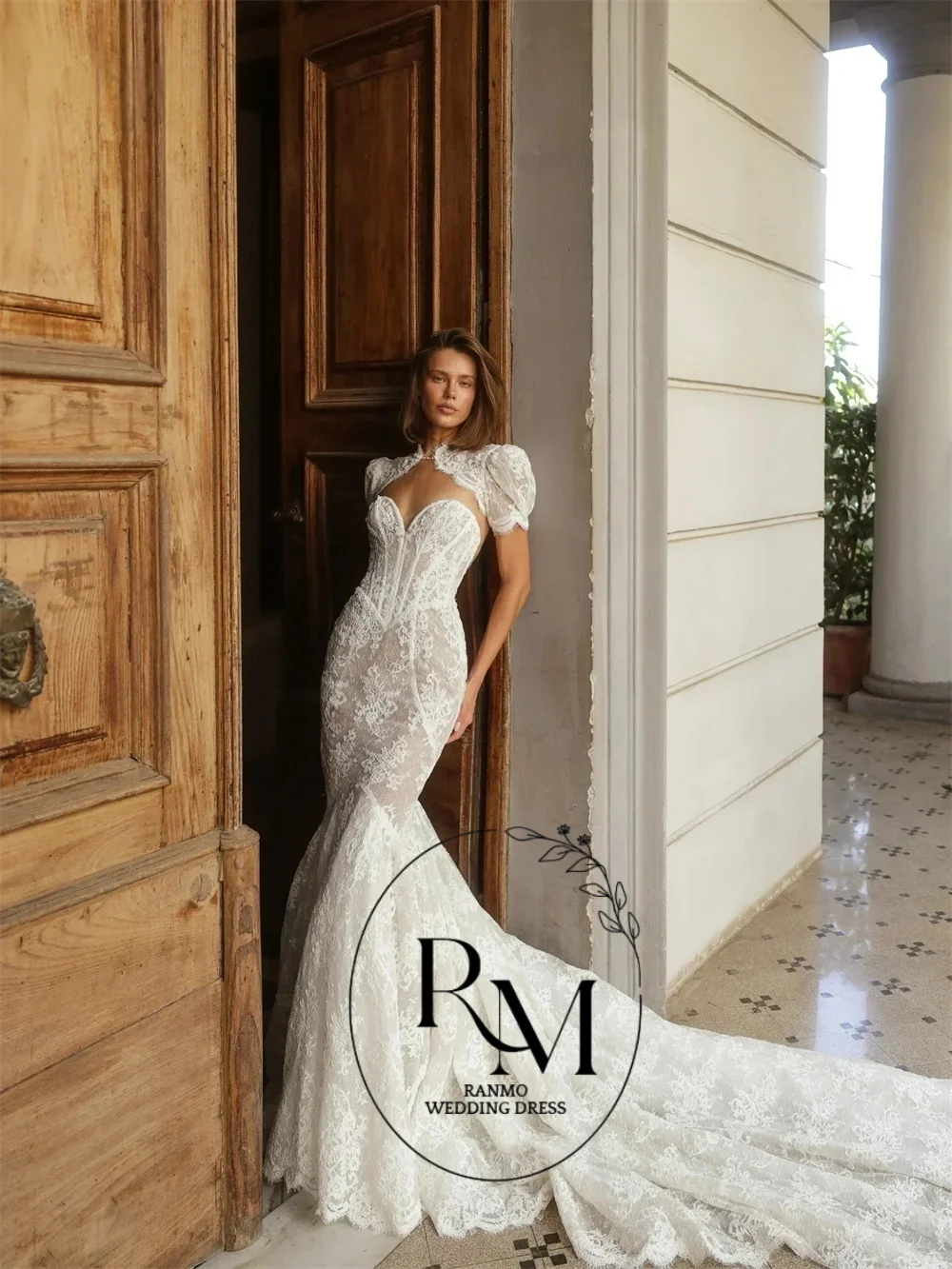 ZanBan Customized Elegant High Necklink Lace Wedding Dresses Short Sleeve Backless Bridal Gowns 2026 White Mermaid Wedding Gowns view 2