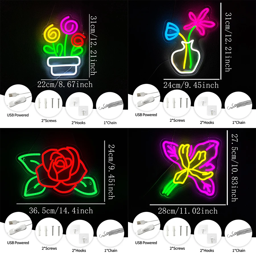 Flower Led Neon Sign, Cartoon Icon Art Wall Decor, Used For Girls Bedroom, Home, Flower Shop, Coffee Shop, Wedding Wall Lamp.