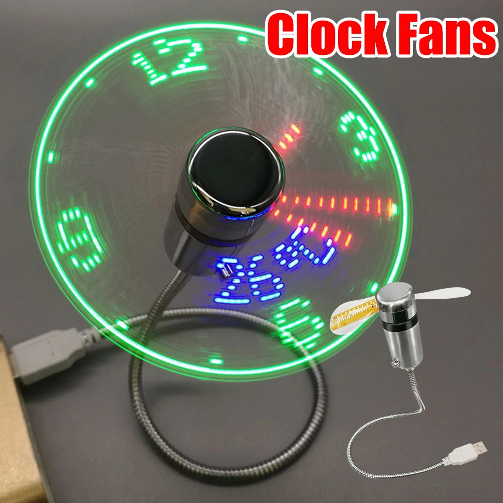 Clock Fans Time Temperature Display Metal Mini Fan USB Powered LED Clock Fan Flexible Gooseneck LED Clock for Laptop PC Notebook