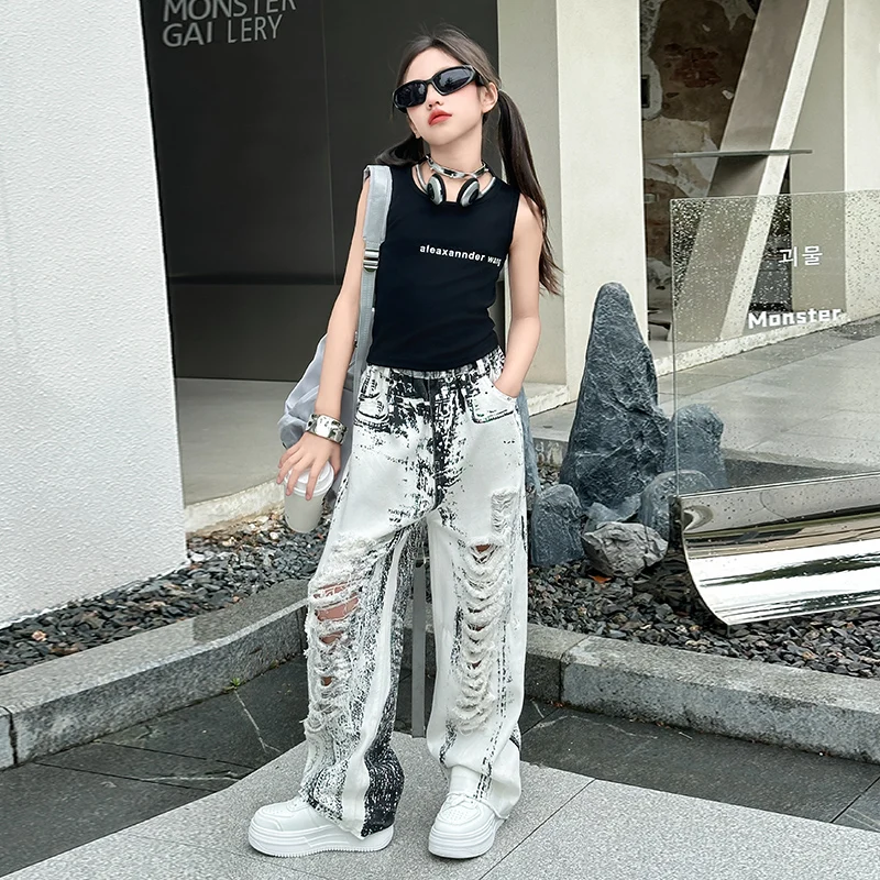 

5-15Year Girls Jeans Hole Tie Dyed Pants Large Fille Big Ripped Wide-leg Trousers Junior Kids Denim Trousers Teenager Streetwear