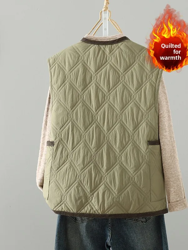 Kleur Blo Jaet Katoen gevoerd Casual rond Ne Enkele knop Grote maat Damesvest Bovenkleding Dubbel ket Herfst W...